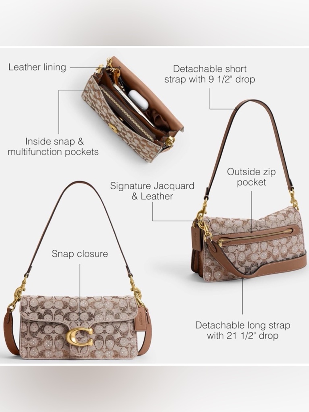 COACH Tabby Shoulder Bag 26 In CRYSTAL Signature Jacquard, Bronze/ Mushroom - Picture 14 of 15
